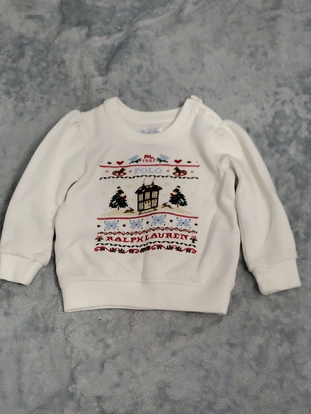 Baby Ralph Lauren White Kids Holiday Sweatshirt with Embroidered Scene
